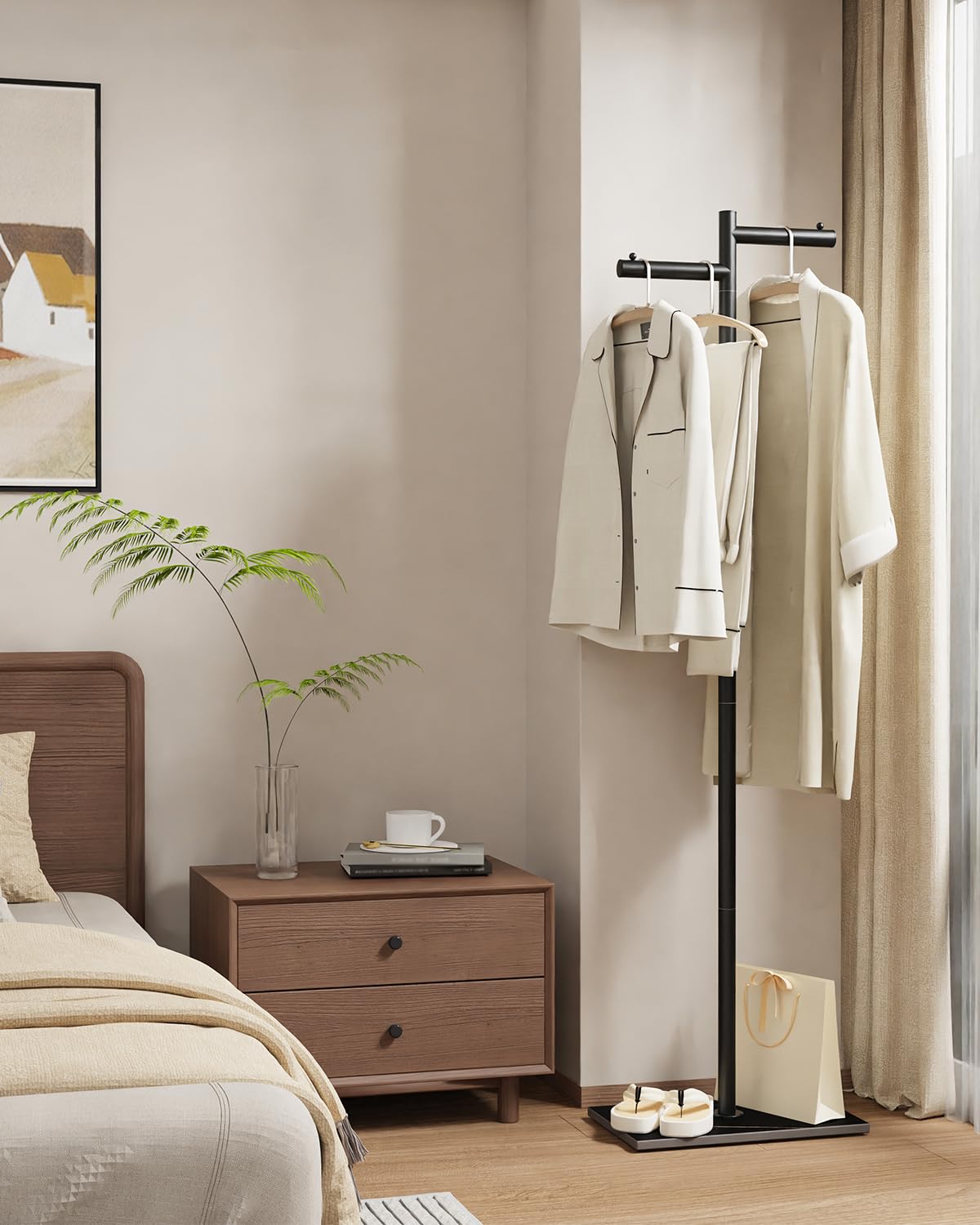 Black Metal Coat Stand with Natural Stone Base, 68.9 Inch Tall