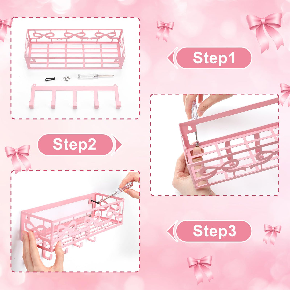 Pink Bow Wall Key Holder with Mail Basket and Hooks, Metal