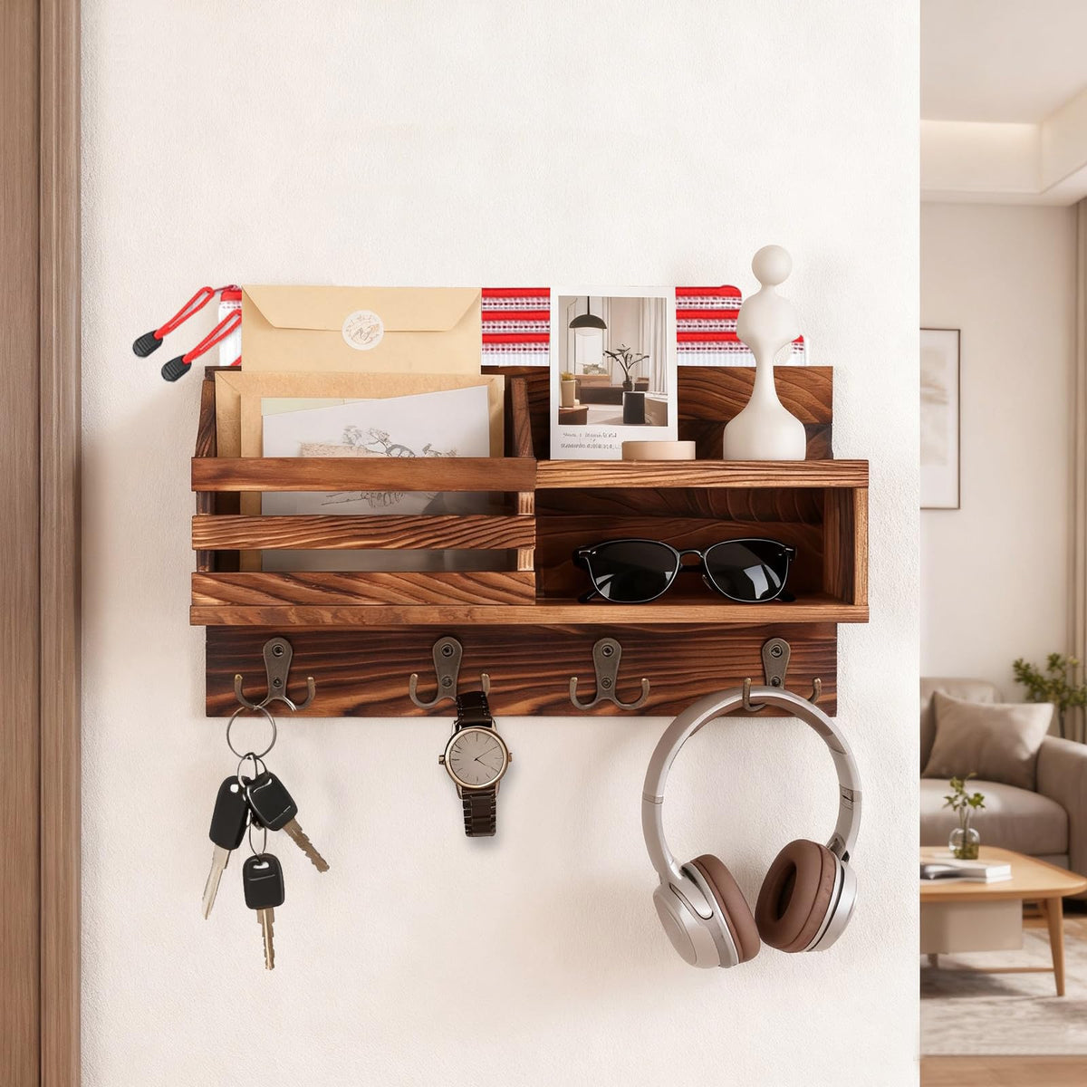 Pine Wood Key and Mail Holder, 15 Inch Wall Organizer, Brown