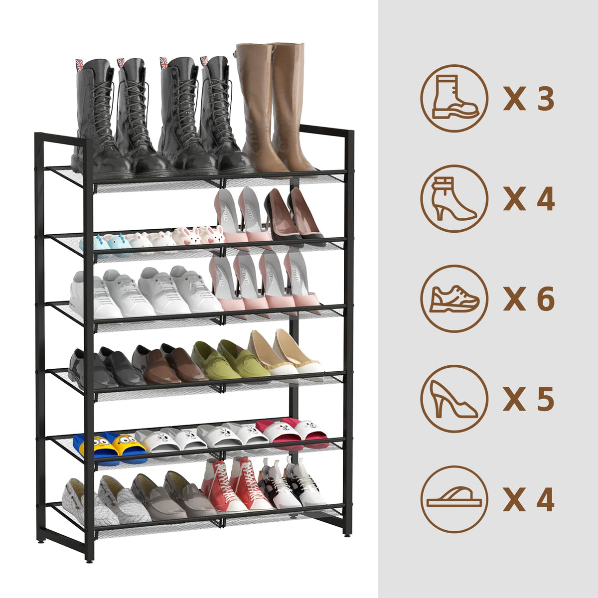 6-Tier Black Metal Shoe Rack with Flat or Angled Mesh Shelves