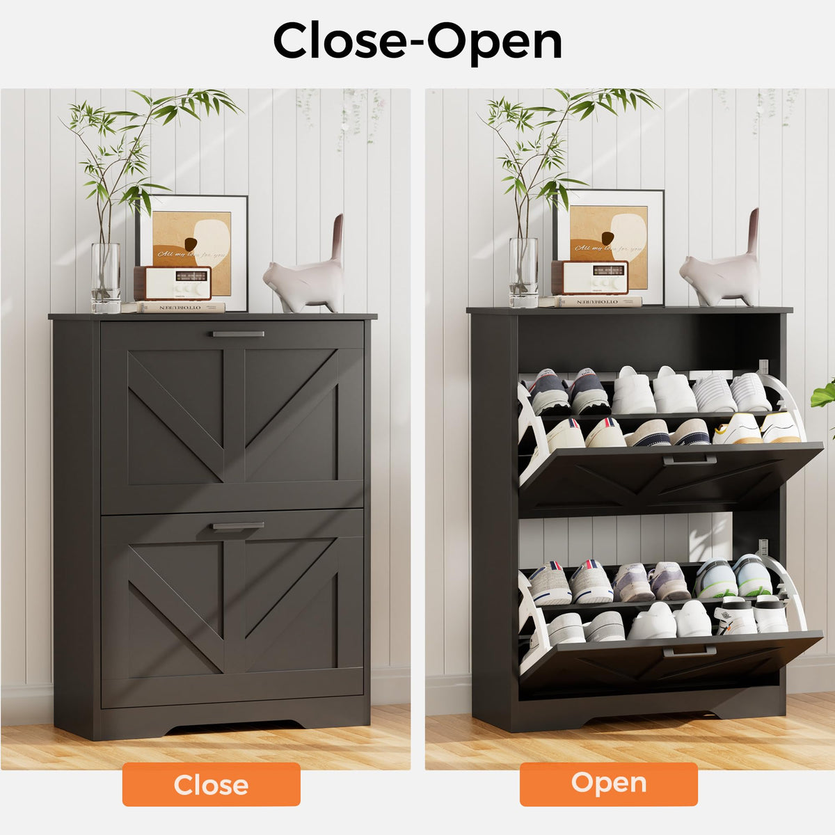 Black Barn Door Shoe Cabinet, 2 Flip Drawers, 9.5 Inch Deep