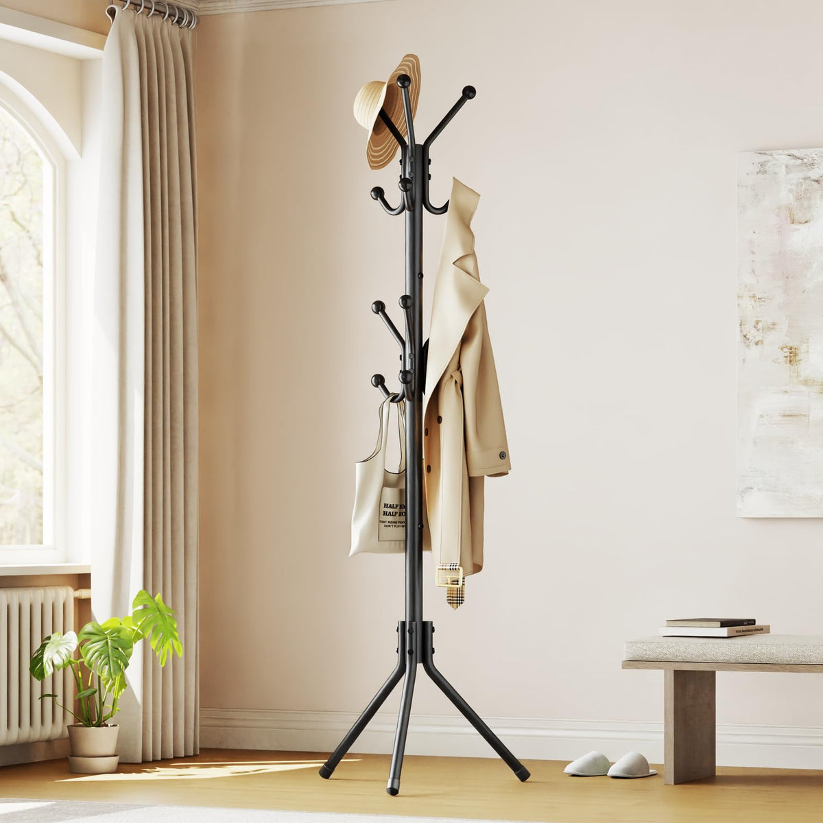 Freestanding Metal Coat Tree with 12 Hooks, Entryway Coat Rack for Coats & Hats