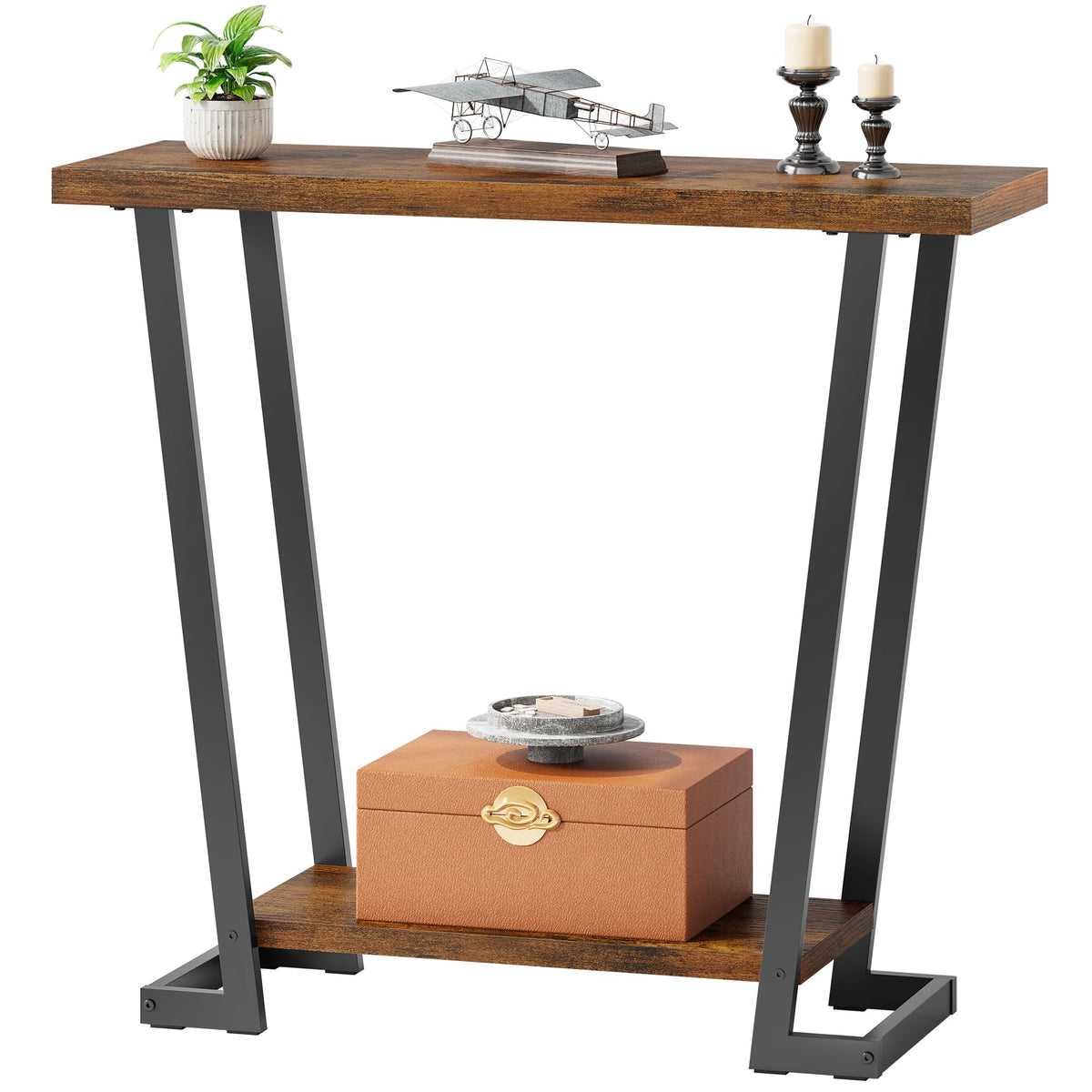 Rustic Brown Slim Entry Table, 2 Open Tiers, 31.5 Inch