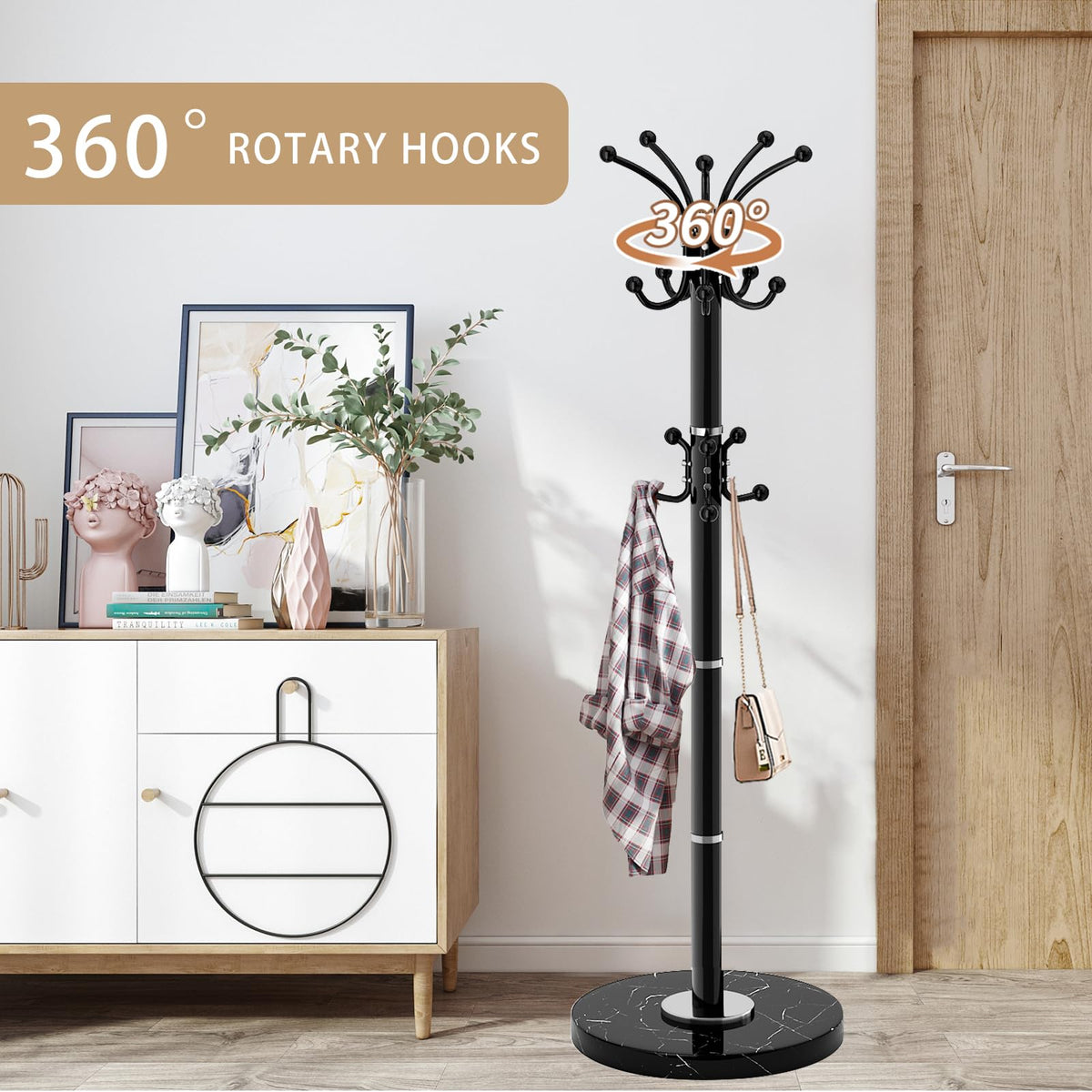Rotating Coat Stand with Marble Base, 16 Hooks, Black Steel