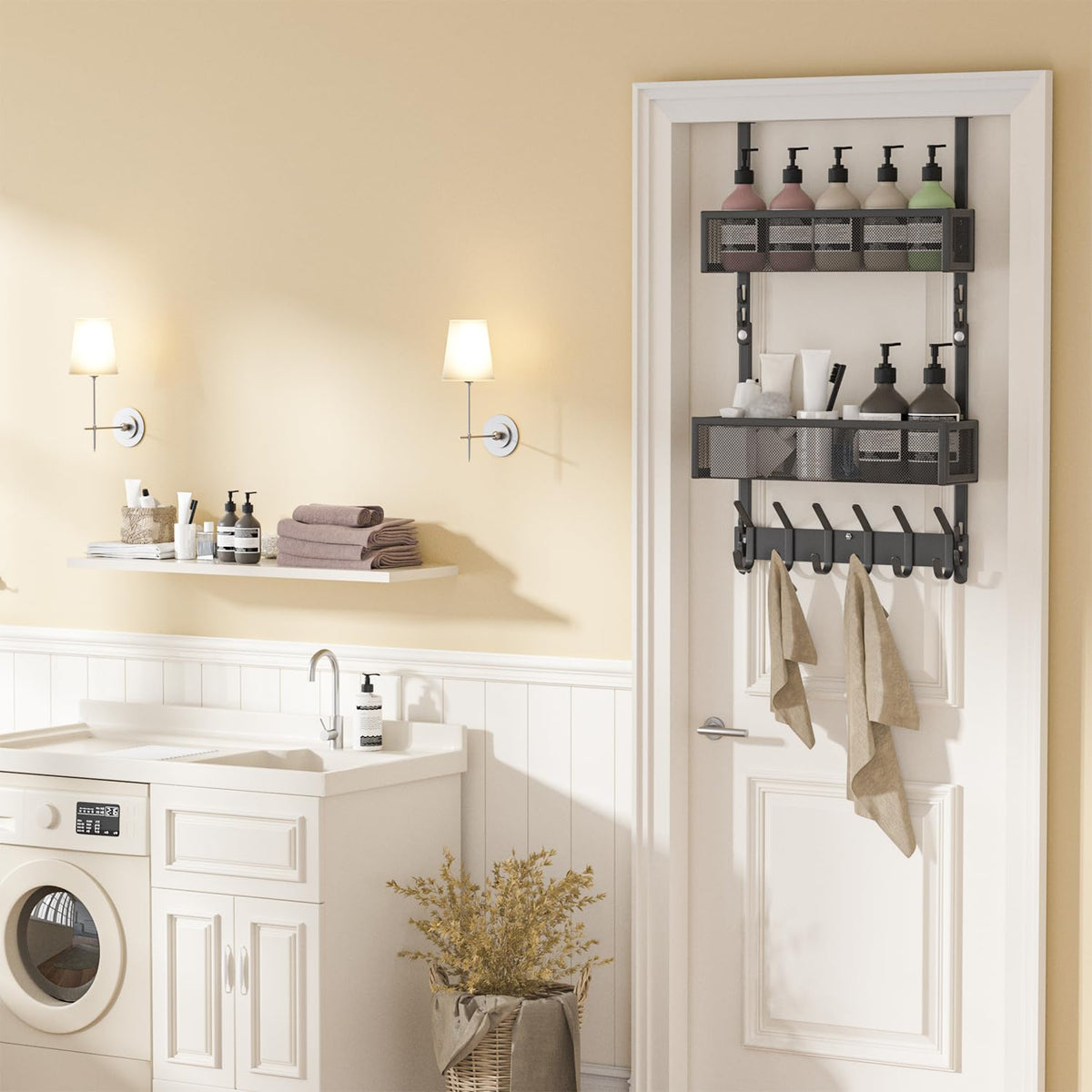 Black Over the Door Organizer with 2 Adjustable Baskets and Hooks