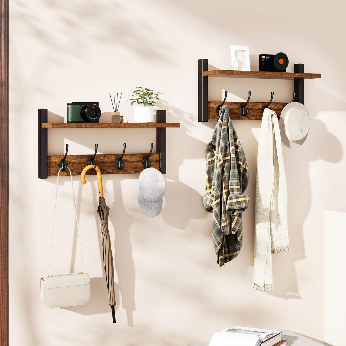 Wall Mounted Coat Rack with Shelf, 2 Pack, 8 Hooks Each, Rustic Brown