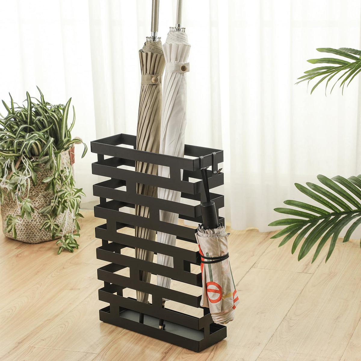 Rectangular Black Umbrella Holder, 16.93 Inch, with Hooks