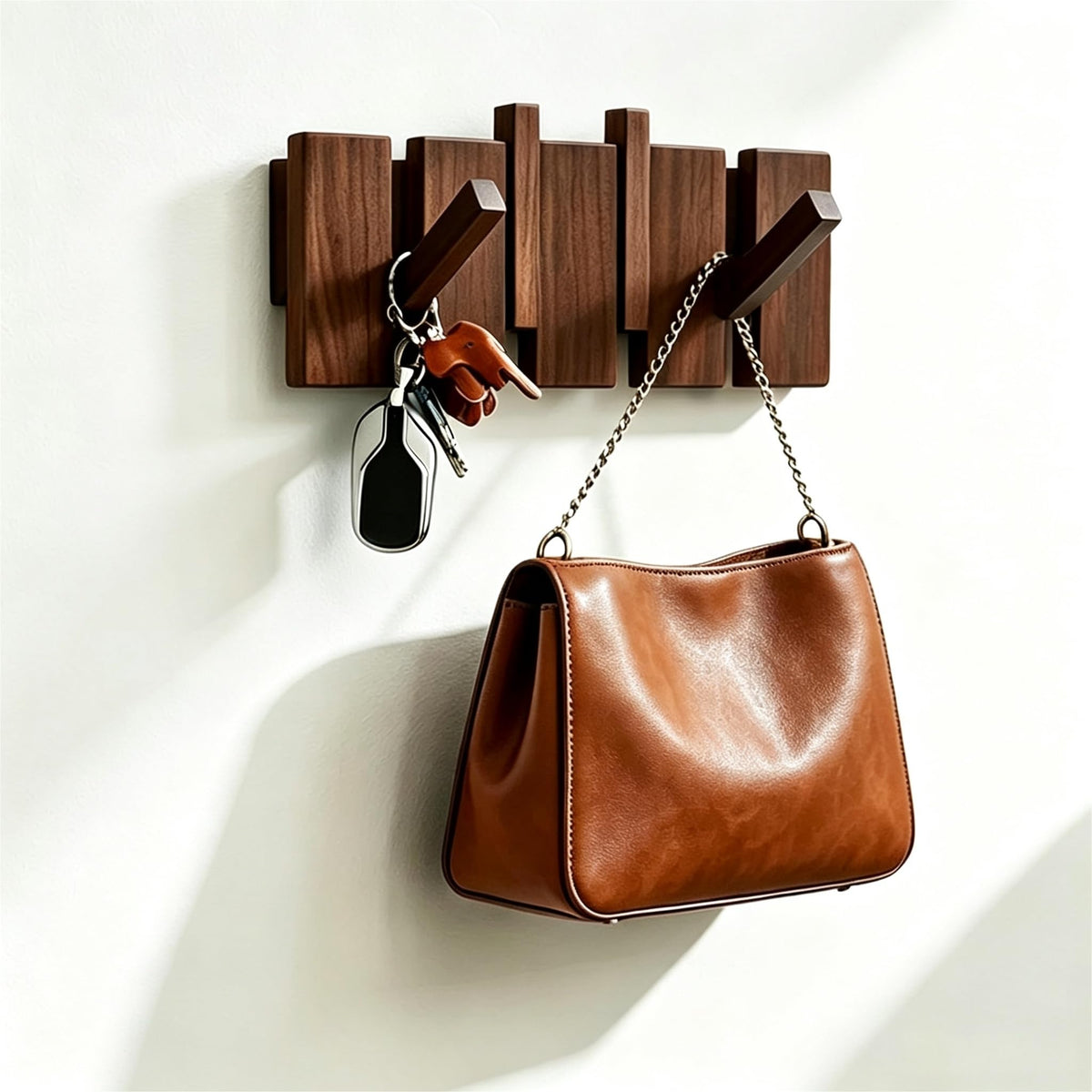 Walnut Wall Hooks, 4 Flip-Down Piano Key Style Hanger
