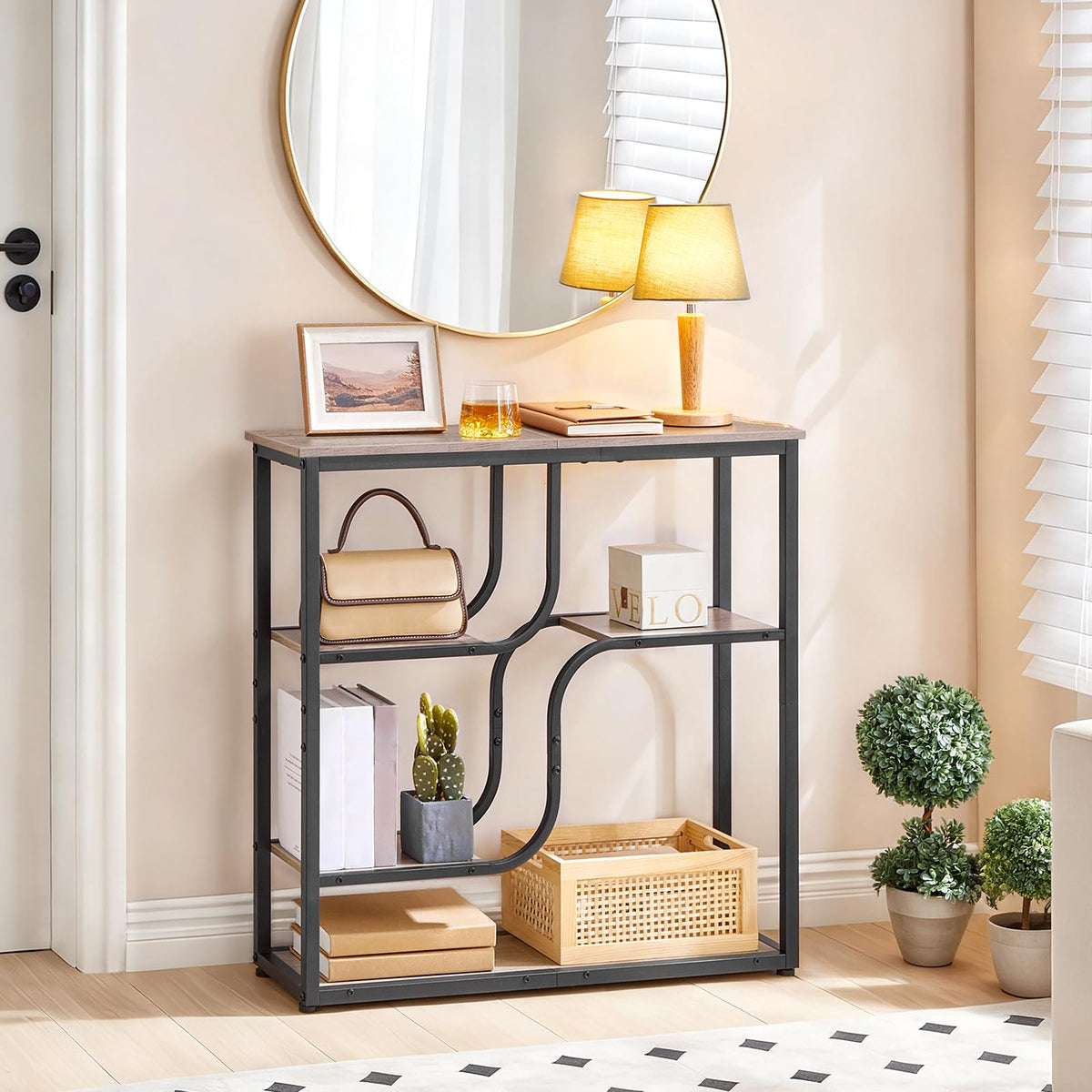 Narrow 5-Tier Console Table, 29.5 Inch, Greige and Black