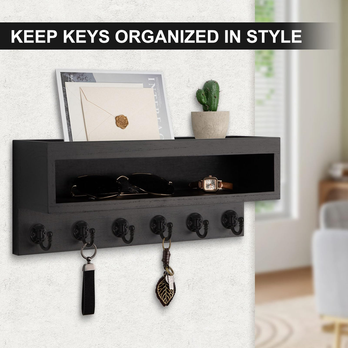 Black Wood Key and Mail Holder with Long Tray and 6 Hooks