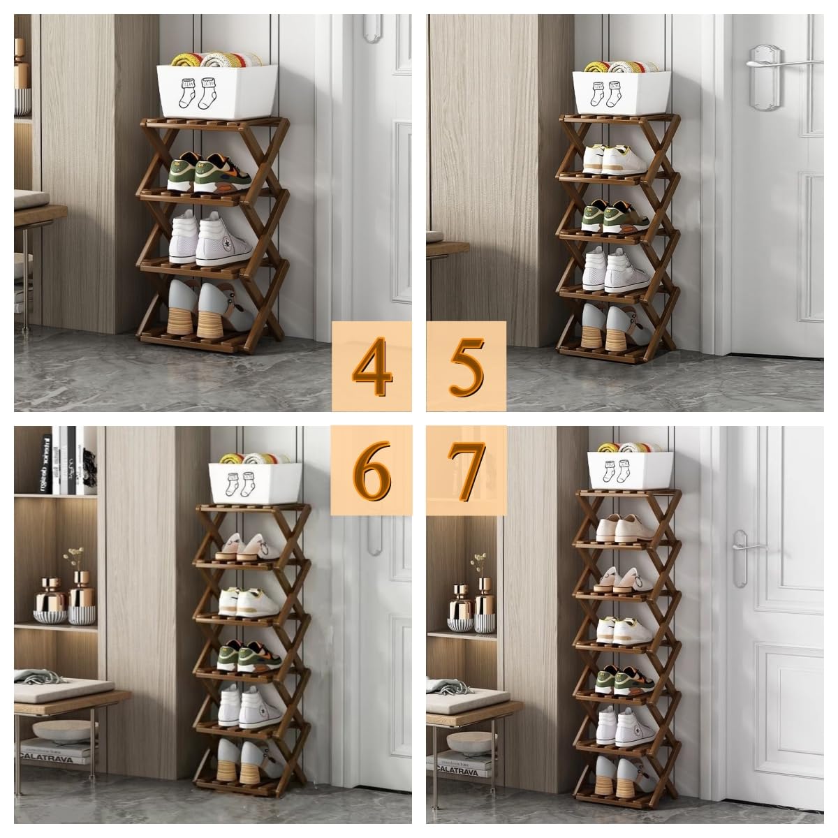 7 Tier Folding Shoe Shelf, Bamboo, Brown, Tall and Narrow