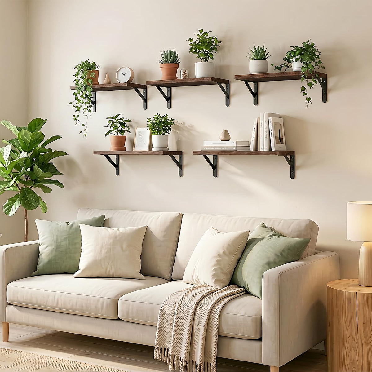 Brown Wood Floating Shelves, Set of 5, 16.5 Inch with Metal Brackets