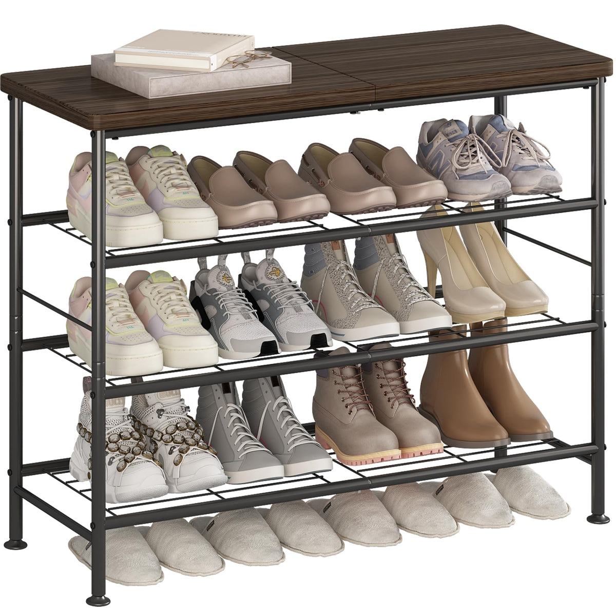 4 Tier Industrial Shoe Rack, 31.5 Inch, Black and Rustic Brown