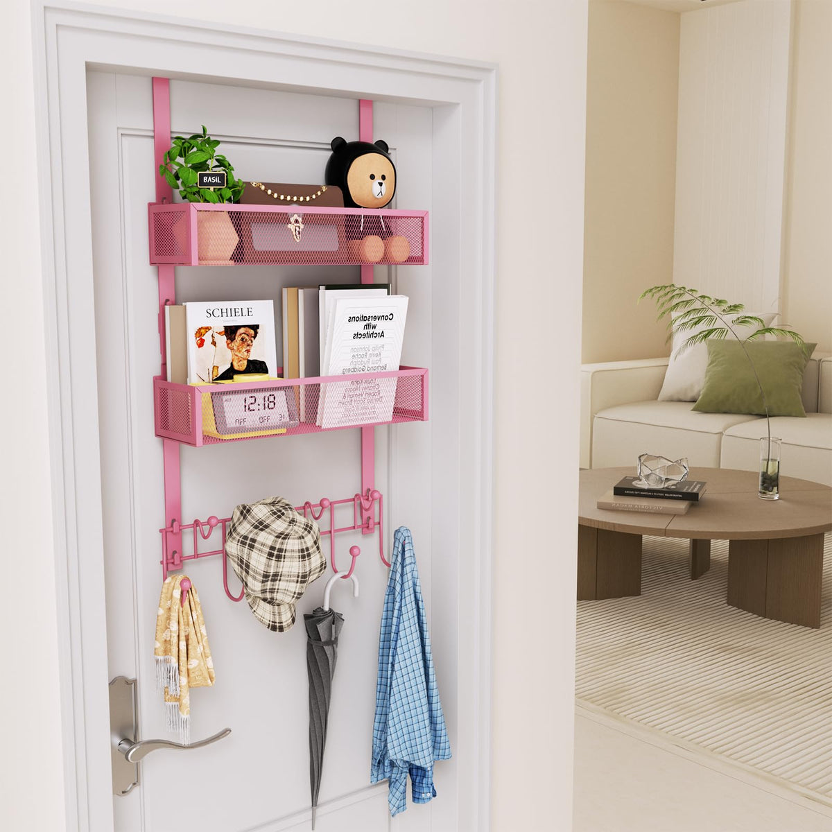 Pink Over the Door Hanger, 2 Baskets and 9 Coat Hooks