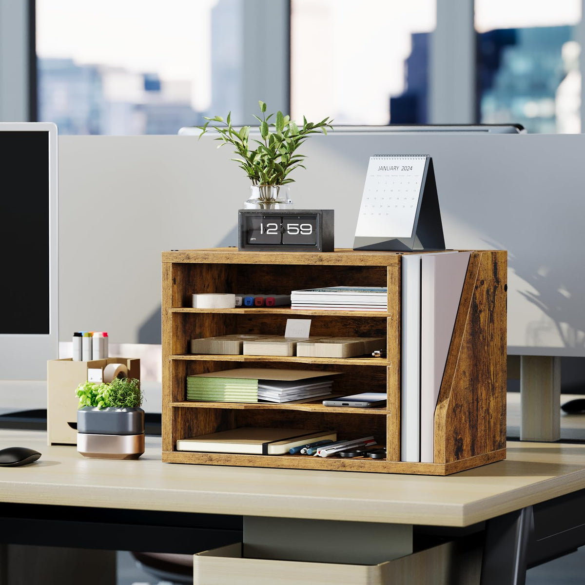 Wooden Desk Mail Organizer with 3 Adjustable Shelves, Rustic Brown