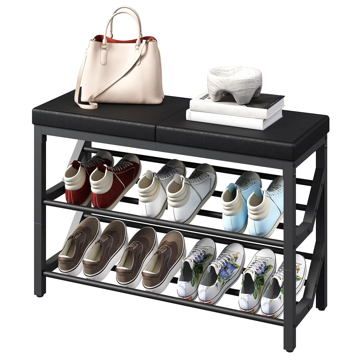 Black Shoe Bench with PU Leather Cushion and 2 Slanted Shoe Shelves
