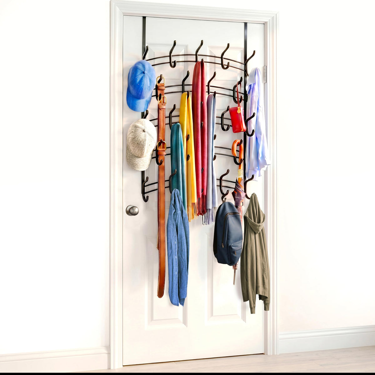 5 Tier Over the Door Hook Rack with 46 Hooks, Black Steel