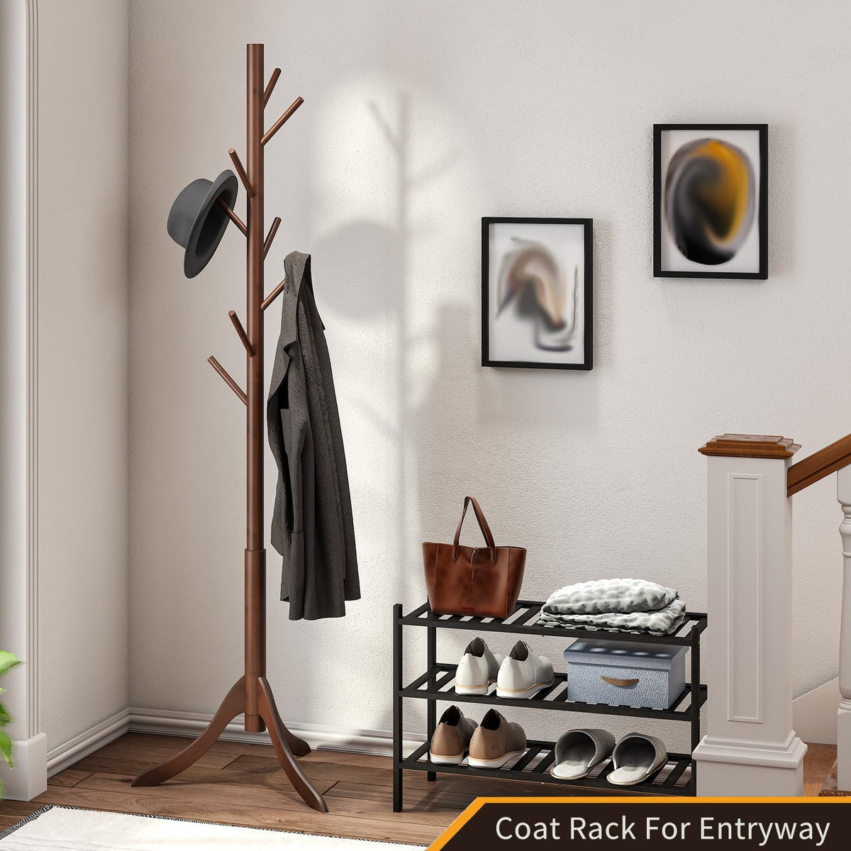 Bamboo Coat Rack Stand with 8 Hooks, 3 Height Options, Brown