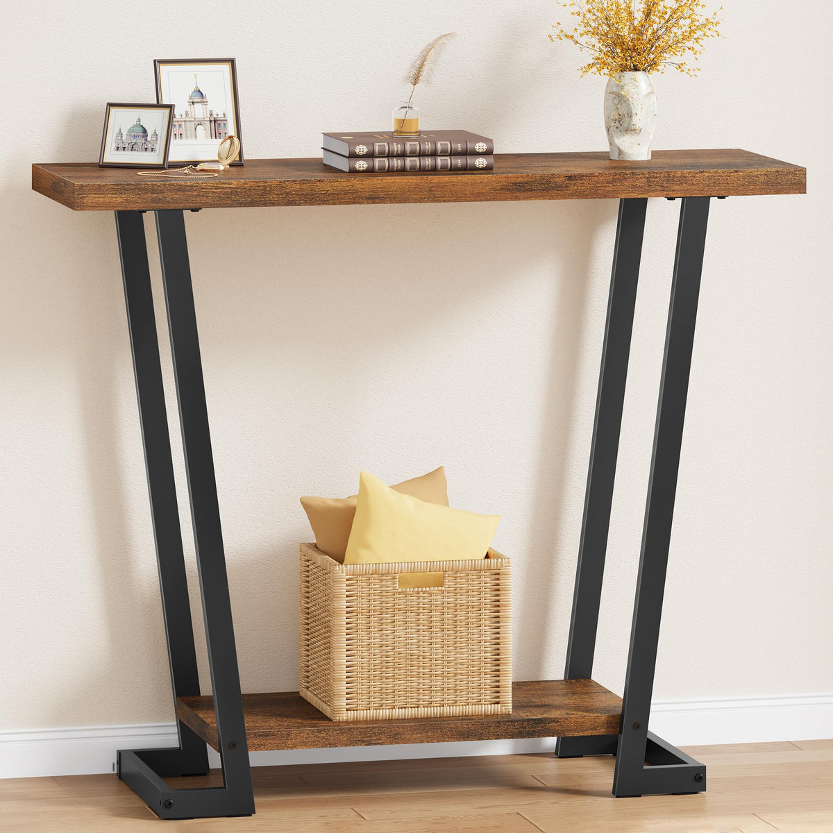 Rustic Brown Slim Entry Table, 2 Open Tiers, 31.5 Inch