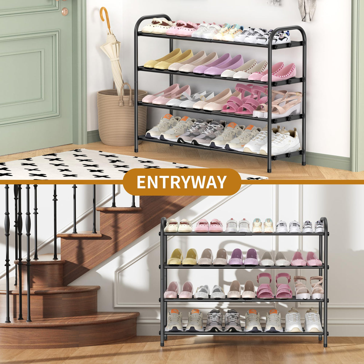 Black Expandable Shoe Rack, 4 Tier Metal, Extends 16.9 to 30.7 Inch