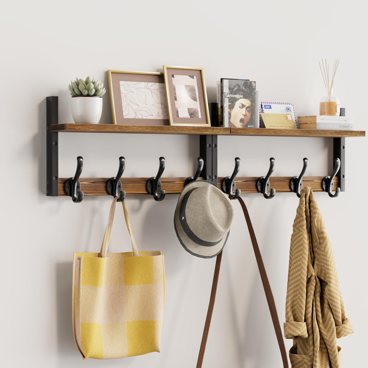 Rustic Brown Wall Hooks with Shelf, 33 Inch, 8 Coat Hooks