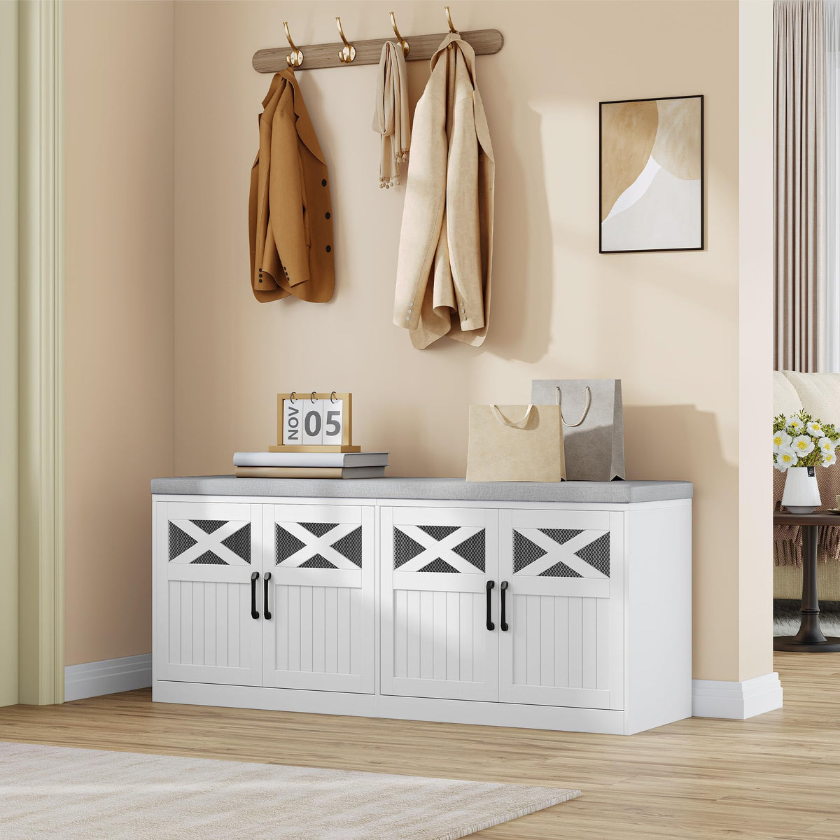 Shoe Storage Bench with 4 Barn Doors and Cushion, 47.2 Inch, White