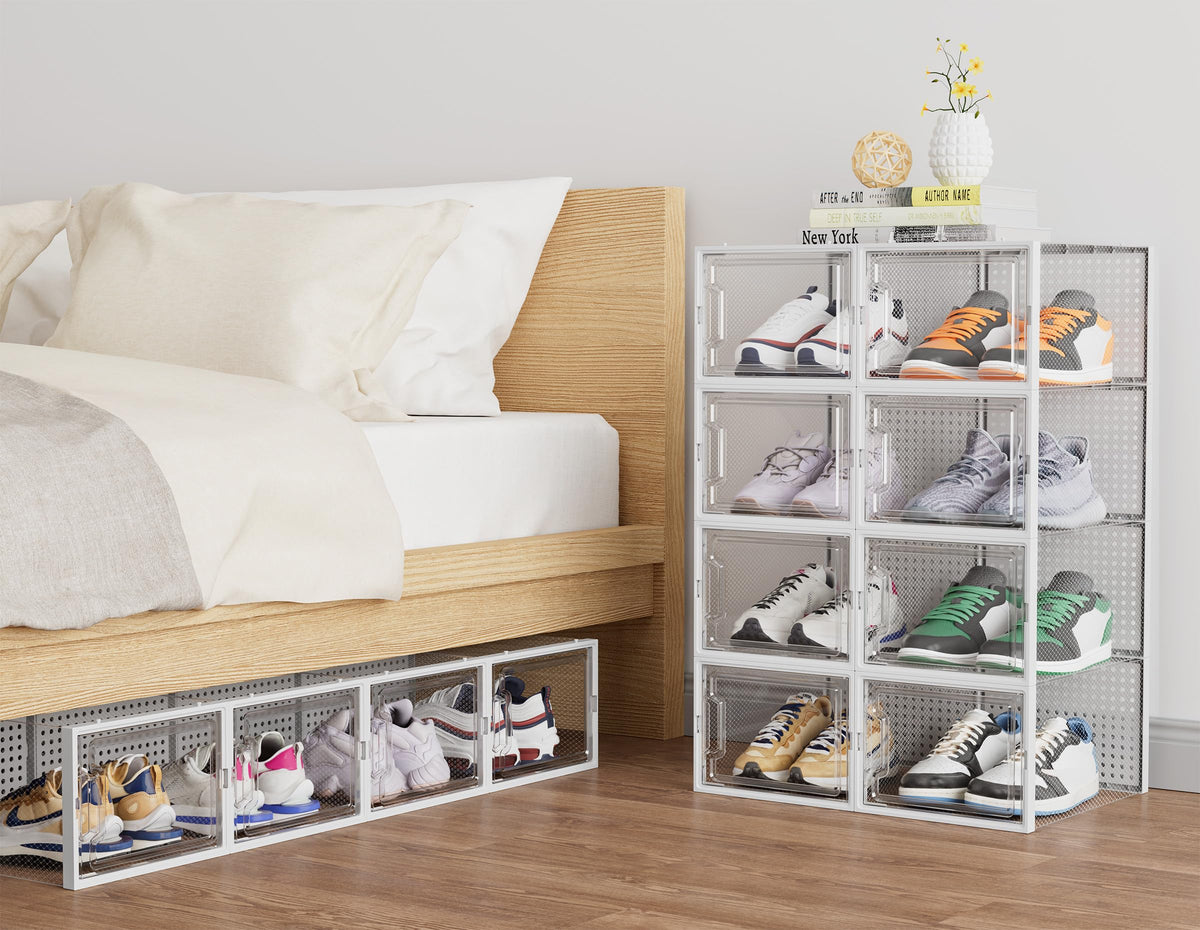 Clear Stackable Shoe Boxes, XL, 12 Pack, White Plastic