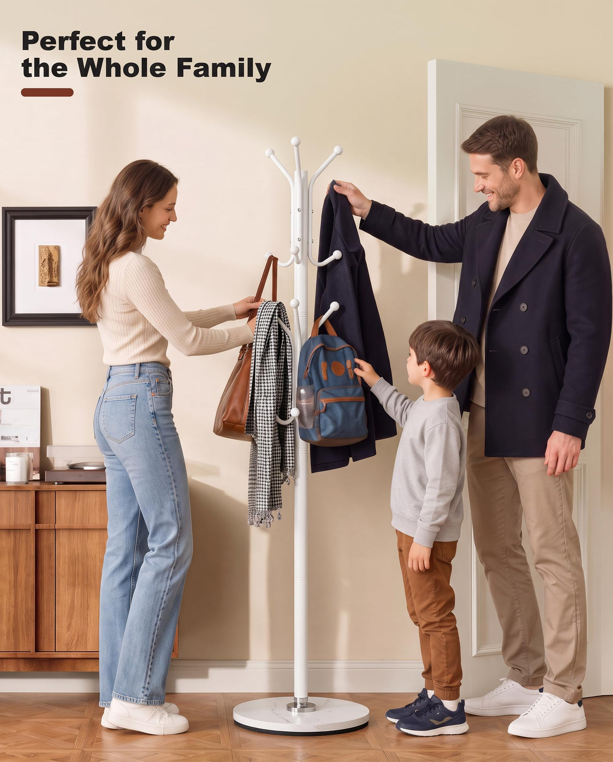 White Coat Stand with Stone Base and 12 Ball End Hooks, 68.1 Inch