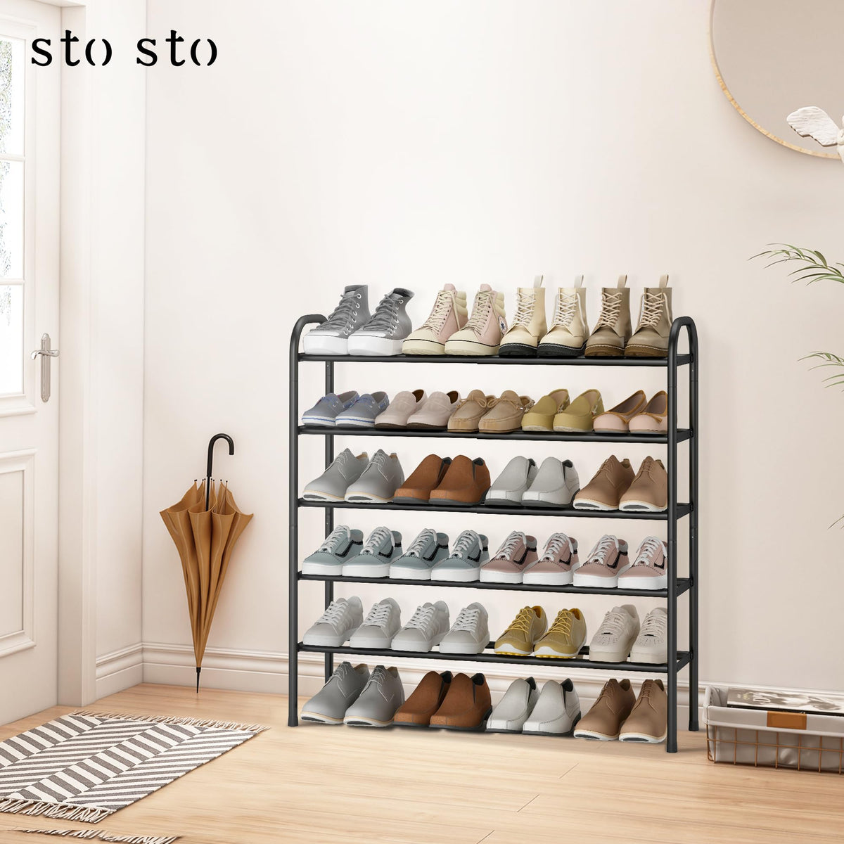 5 Tier Adjustable Width Shoe Rack, Fits 24 Pairs, Black Metal
