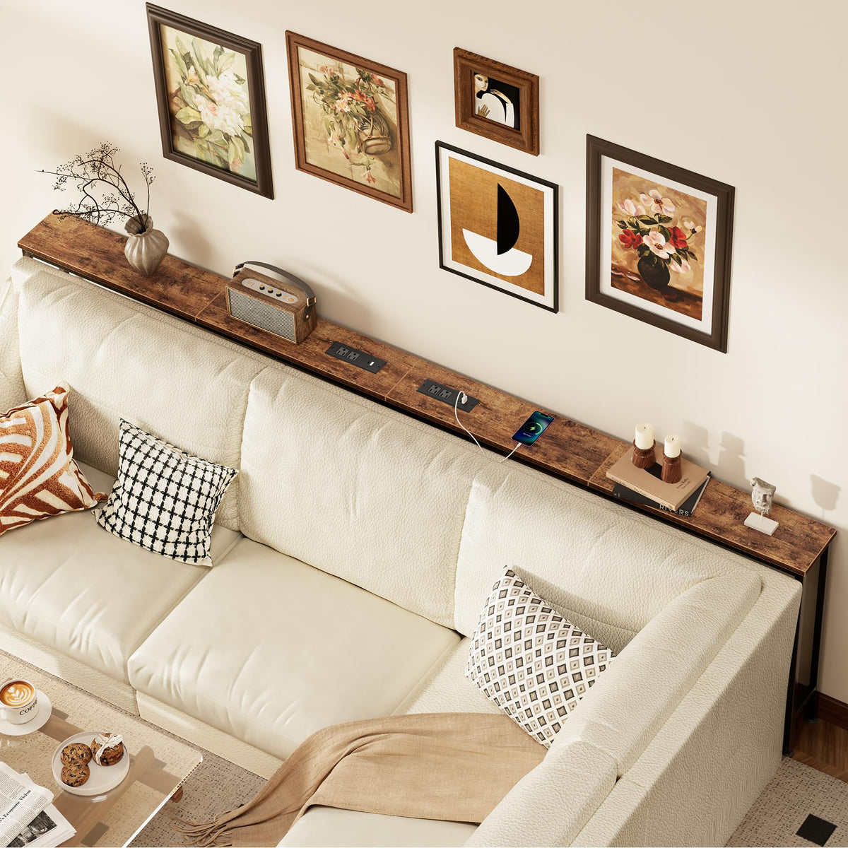 Narrow Behind Couch Table, 51.2 Inch, Rustic Brown with Outlets