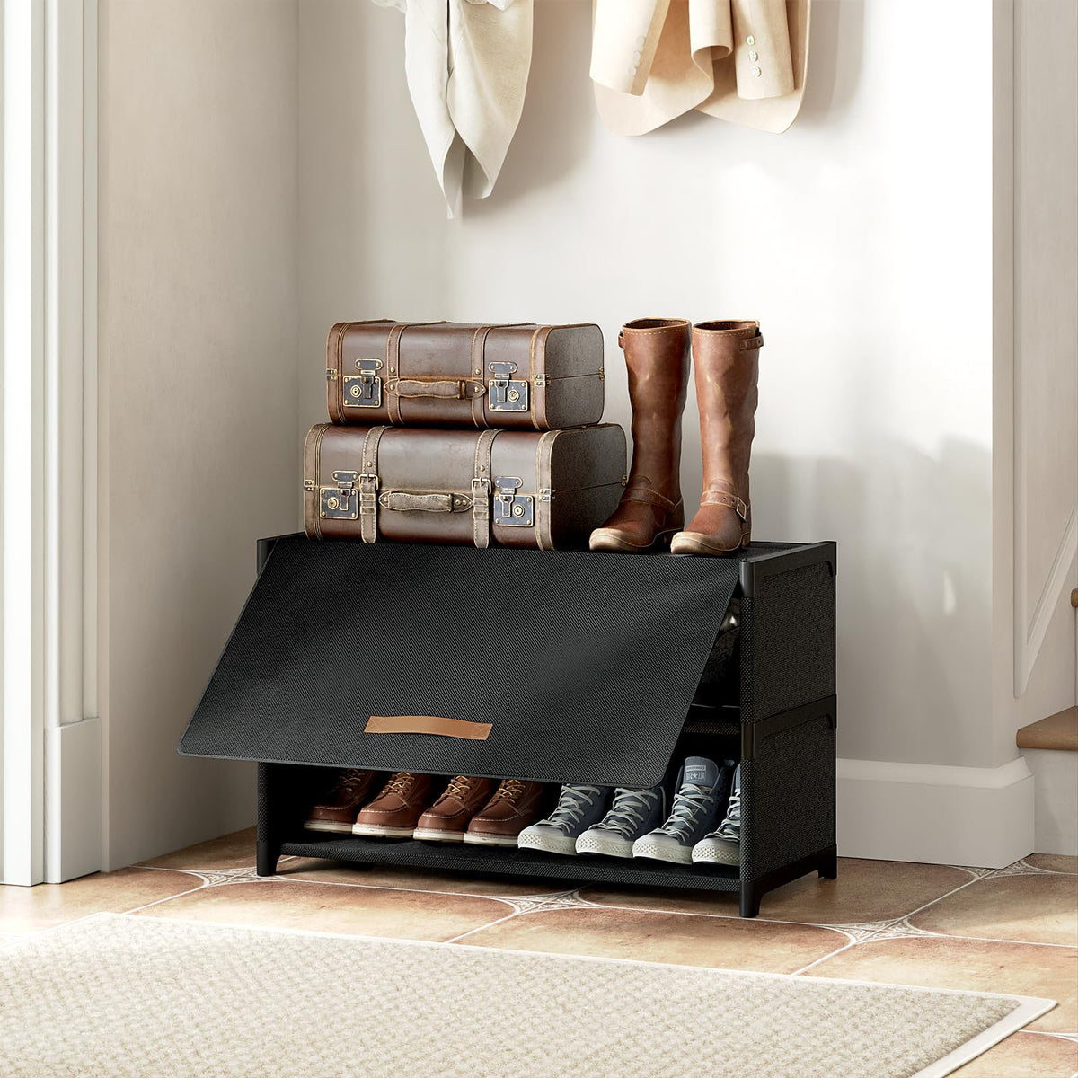 3 Tier Covered Shoe Cabinet, Holds 12 Pairs, Black Fabric