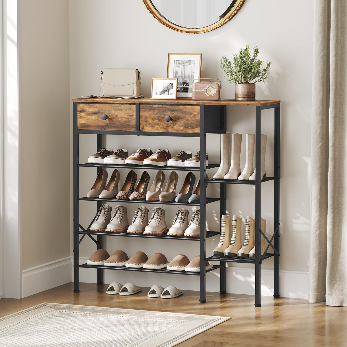 6 Tier Shoe Rack with 2 Fabric Drawers and Tabletop, Holds 26 Pairs, Brown