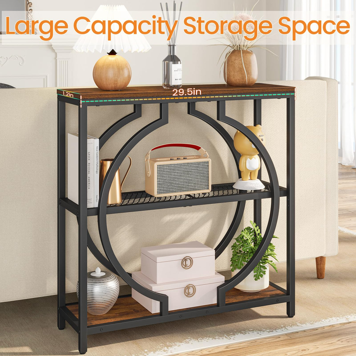 Round Frame Entryway Table with 3 Shelves, 29.5 Inch, Rustic Brown