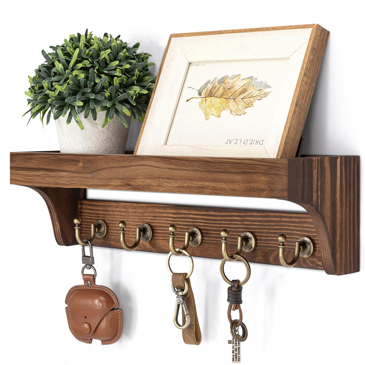 Retro Brown Pine Key Rack with Floating Shelf