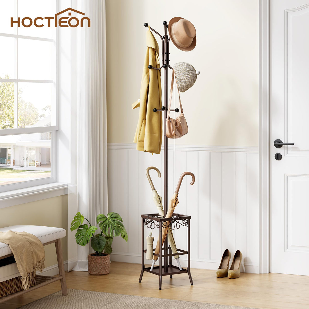 Metal Coat Tree with Umbrella Holder, 12 Hooks, Brown Finish