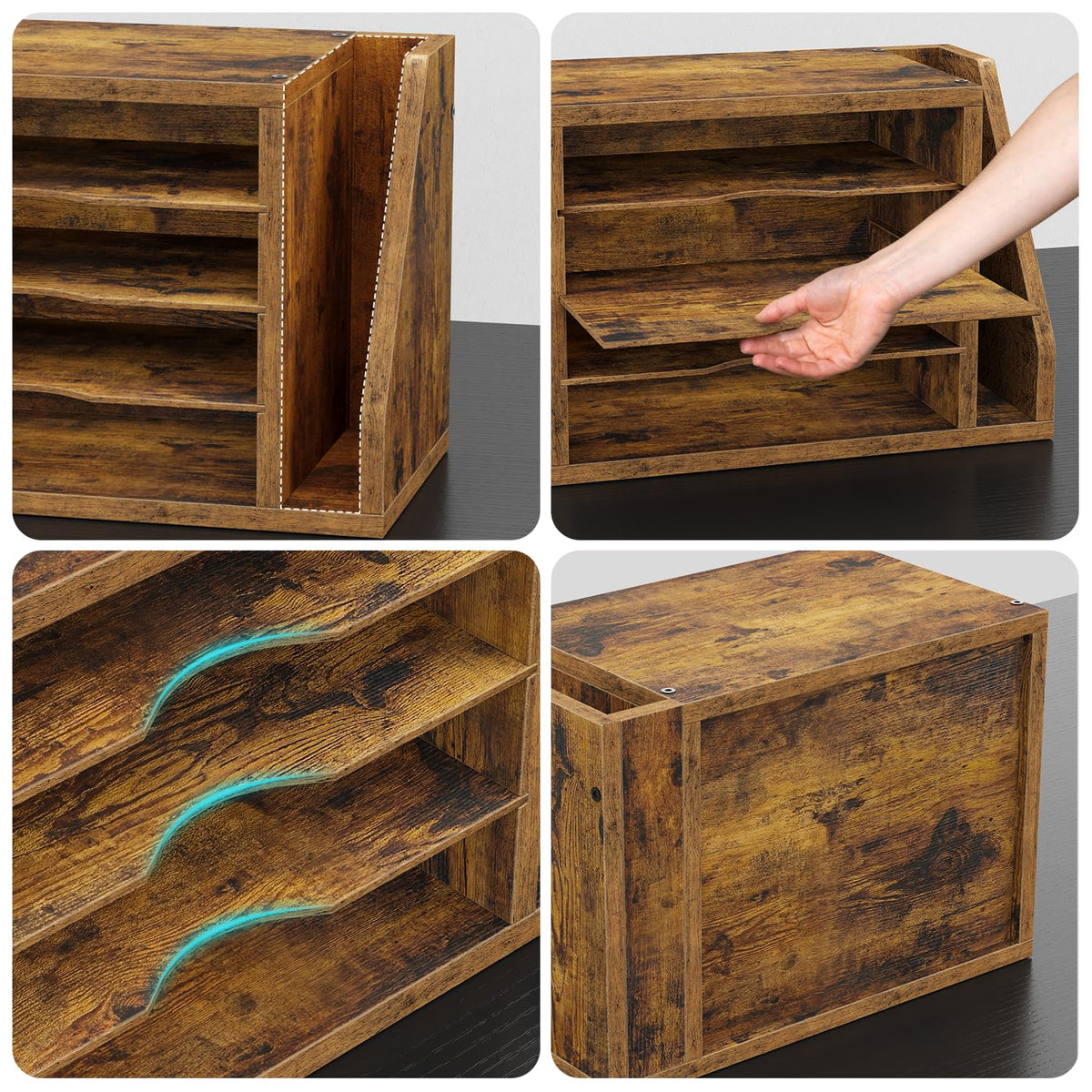Wooden Desk Mail Organizer with 3 Adjustable Shelves, Rustic Brown