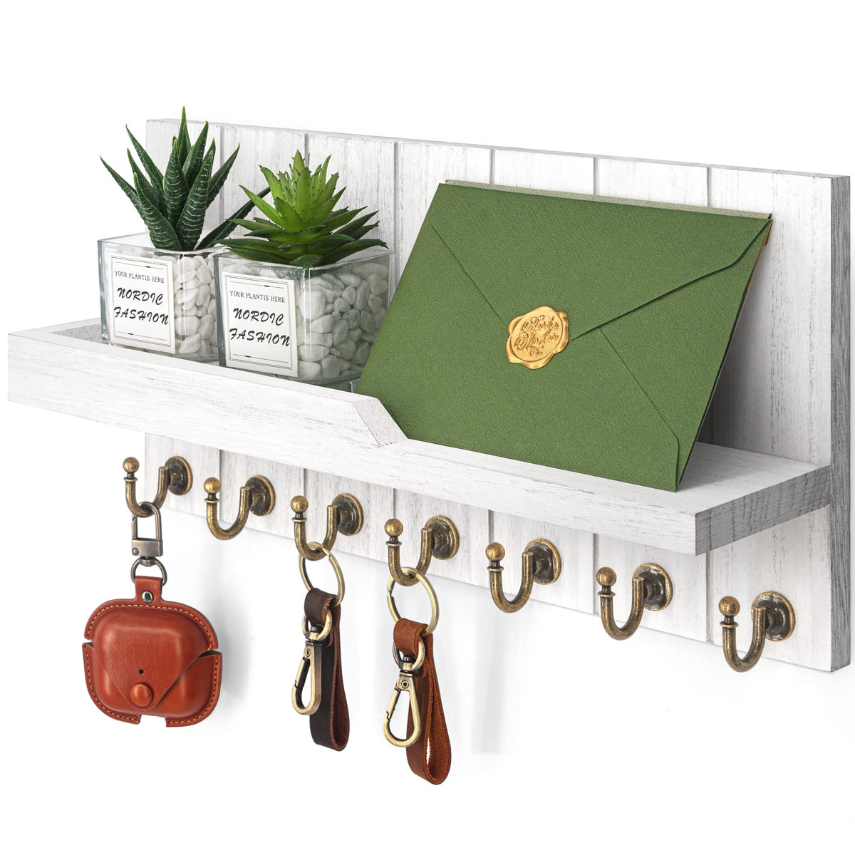 White Wall Key Rack with Shelf, 7 Hooks, 15 Inch Wood