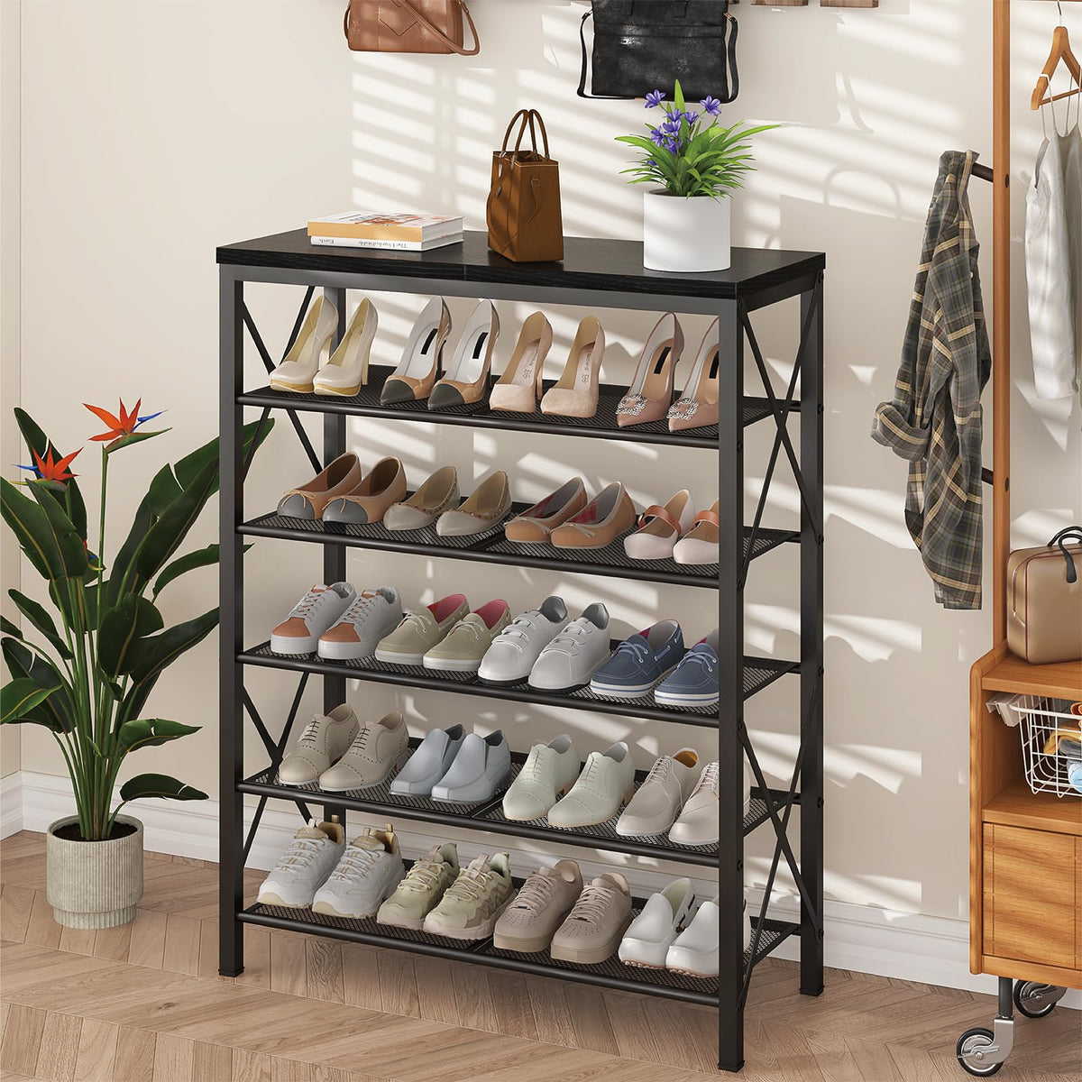 6-Tier Metal Shoe Organizer with Wood Top and Mesh Shelves, Black
