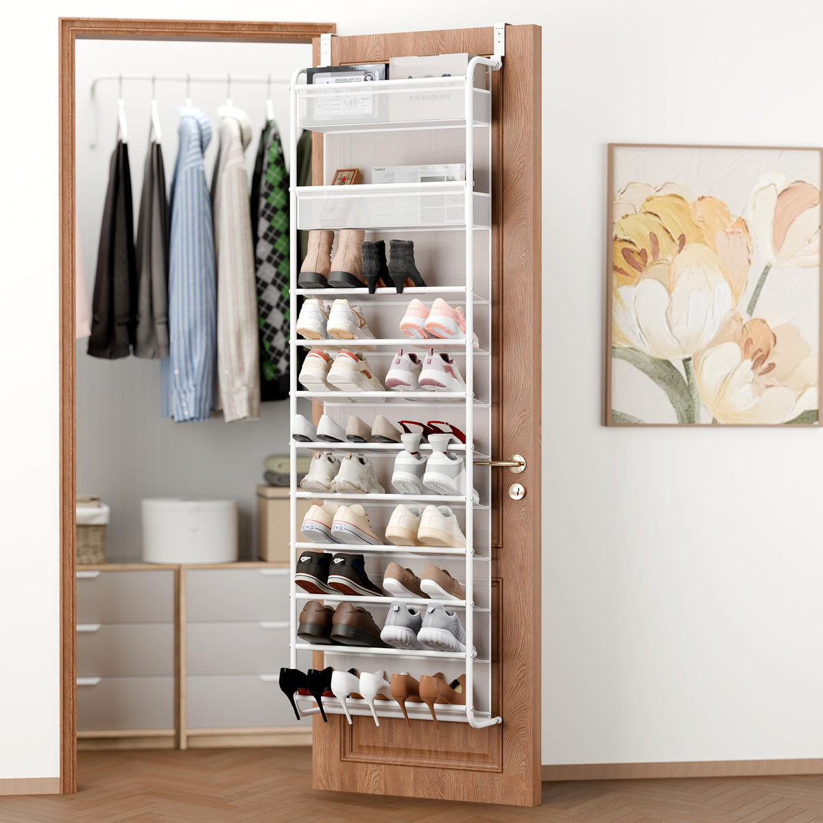 11 Tier Over Door Shoe Rack, Metal and Mesh, Holds 27 Pairs, White