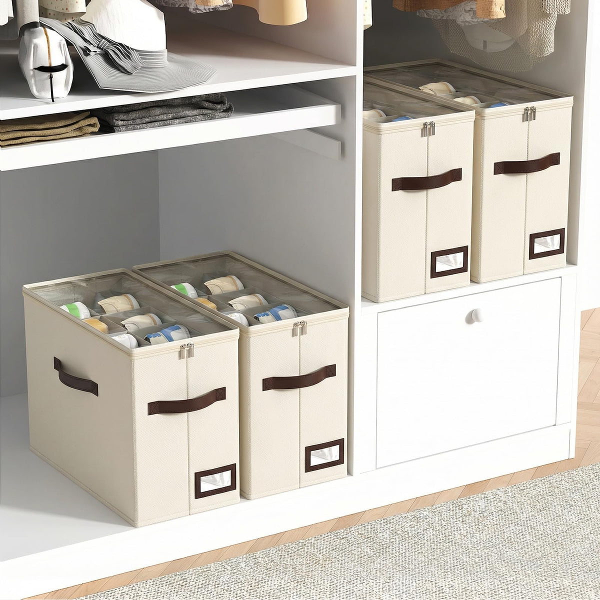 Foldable Shoe Storage Bins, 4 Pack with Adjustable Dividers, Beige