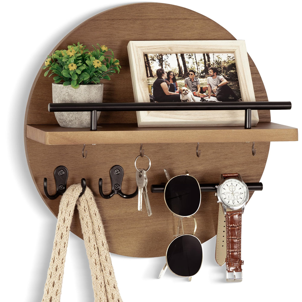 Rustic Brown Wall Mail Organizer with Key Hooks and Shelf