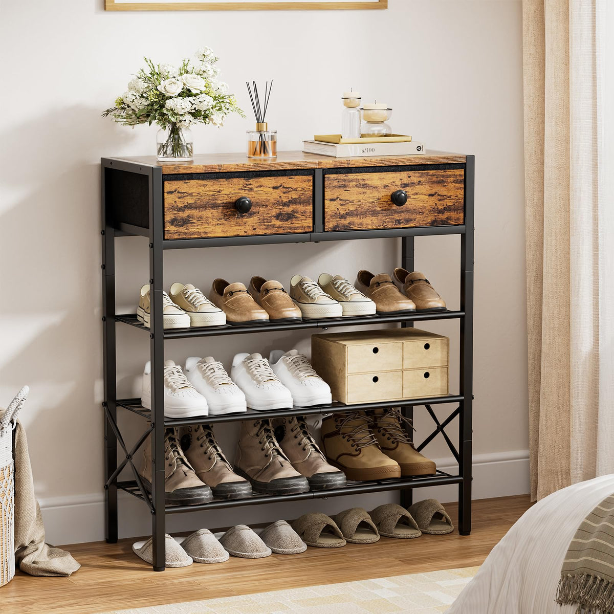 4 Tier Rustic Brown Shoe Rack with 2 Drawers, Holds 12 to 16 Pairs