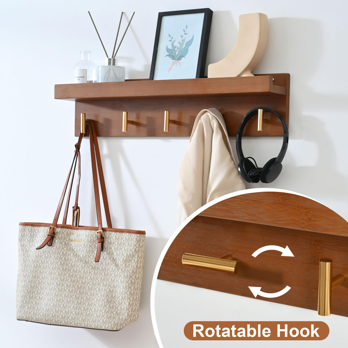 Bamboo Hall Tree Shoe Bench with Wall Coat Rack, 28 Inch, 5 Hooks, Brown