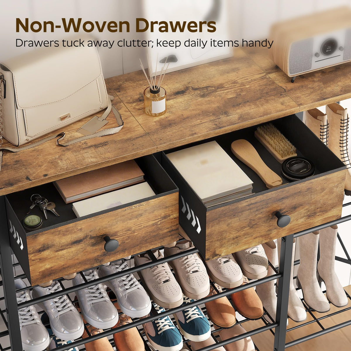 6 Tier Shoe Rack with 2 Fabric Drawers and Tabletop, Holds 26 Pairs, Brown