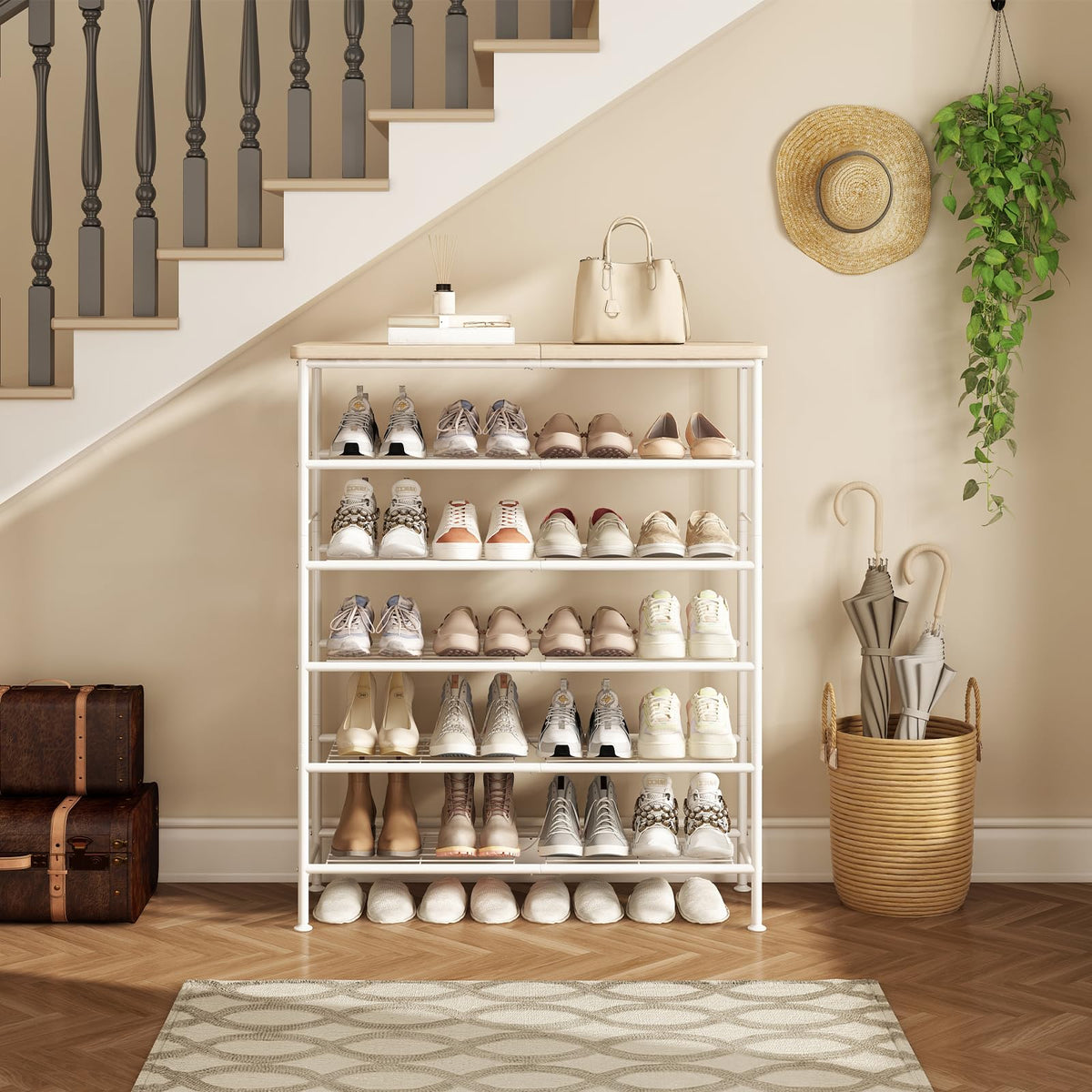 White and Oak 6 Tier Shoe Rack with Wood Tabletop, 31.5 Inch