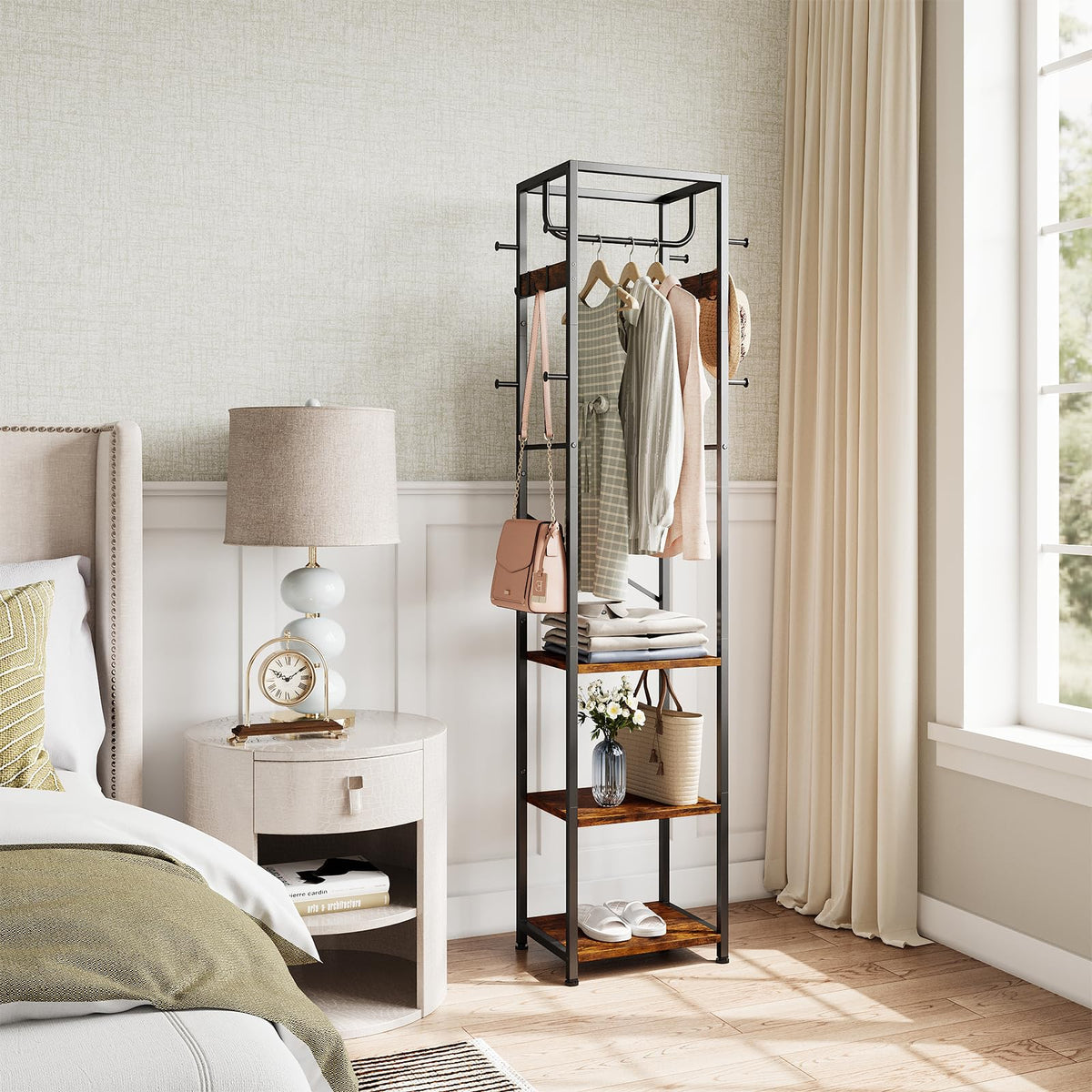Rustic Brown Hall Tree Coat Rack, 3 Shelves, 12 Hooks, 70.9 Inch