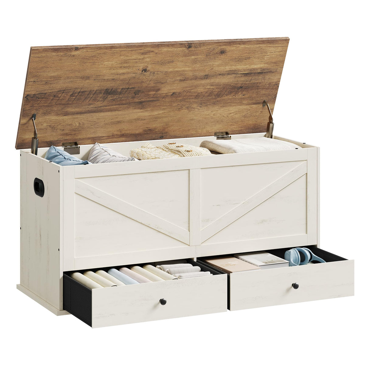 Storage Chest Bench with 2 Fabric Drawers, Rustic White and Honey Brown