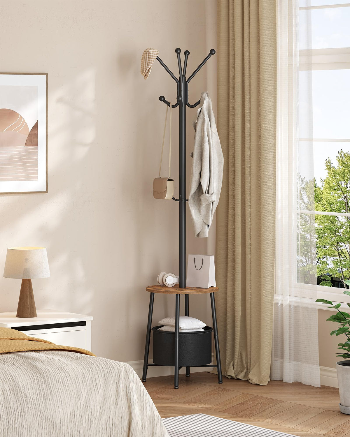 Freestanding Coat Stand with 12 Hooks and Storage Basket, 69.6 Inch Tall