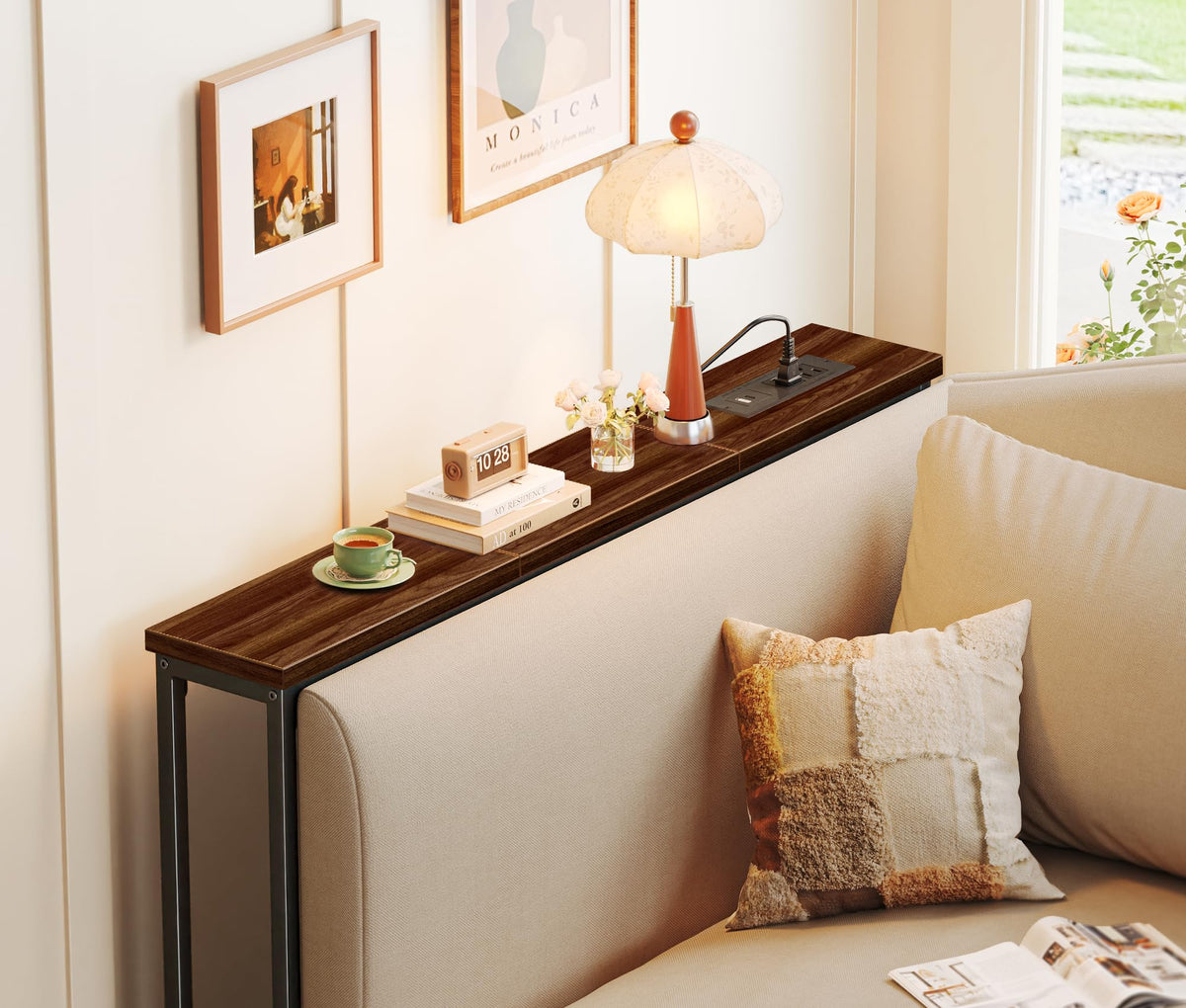 Walnut Skinny Sofa Table, 39.4 Inch with Charging Station