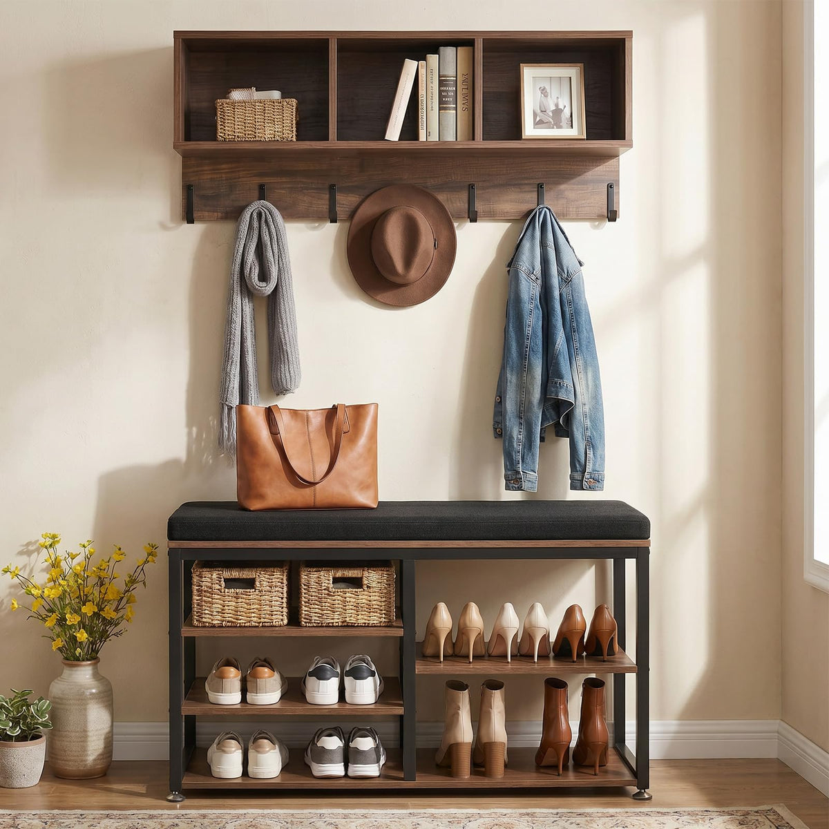 3-in-1 Hall Tree with Shoe Bench, 7 Hooks and Shelf, Oak and Black